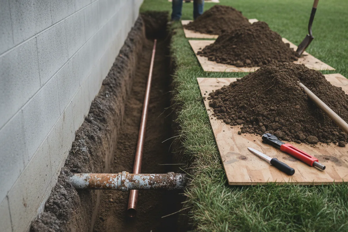 Excavated water line trench during Sewer Line Repair in Auburn